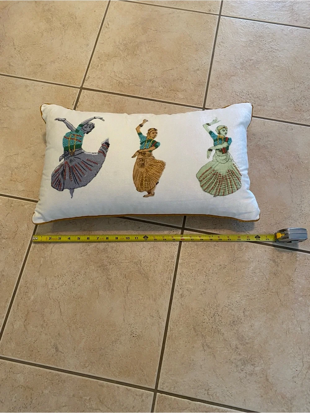 Embroidered Dance Motif Lumbar Pillow - White with Multicolor Figures